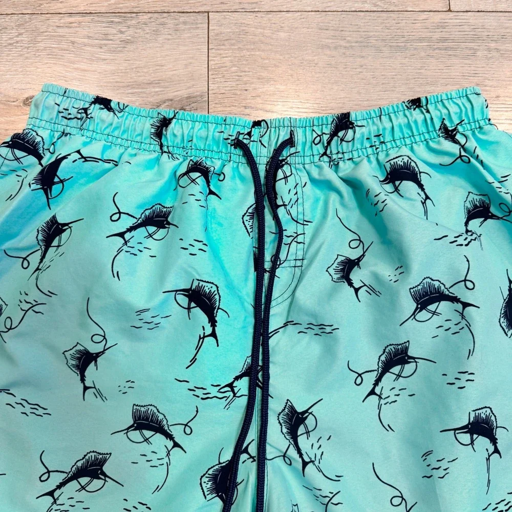 Panama Jack Swim Trunks Fish Print Aqua Blue Swim Shorts Lined Xlarge XL‎